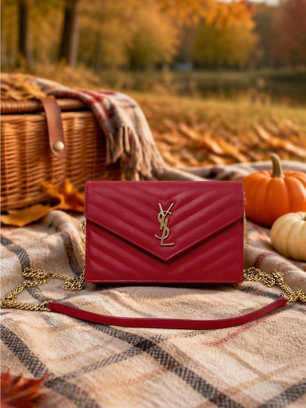 Saint Laurent Red Quilted Caviar Leather Crossbody Wallet with Gold YSL Hardware